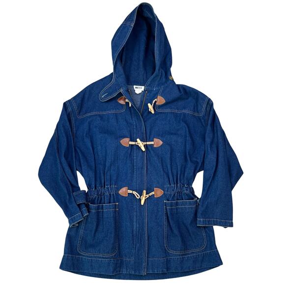 Vintage 80's Retro Leslie Fay Toggle Denim Hooded Chore Coat Barn Jacket (Sz M) - Picture 4 of 16